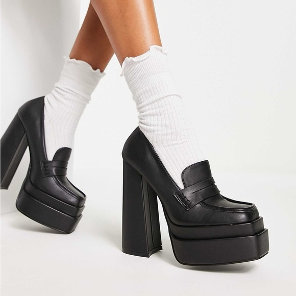 SHOE DAZZLE Platform Chunky Heeled Loafers Retro Square Toe Black Shoes Size 7.5 - Picture 1 of 12
